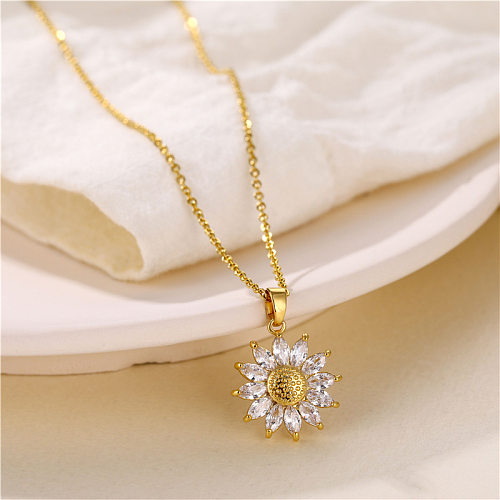 Collier avec pendentif en forme de fleur, en acier inoxydable, incrustation de laiton, Zircon, 1 pièce