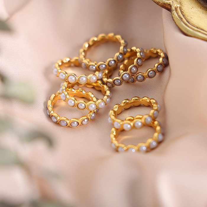 Elegant Lady Baroque Style Geometric Titanium Steel Plating Inlay Artificial Pearls 18K Gold Plated Rings