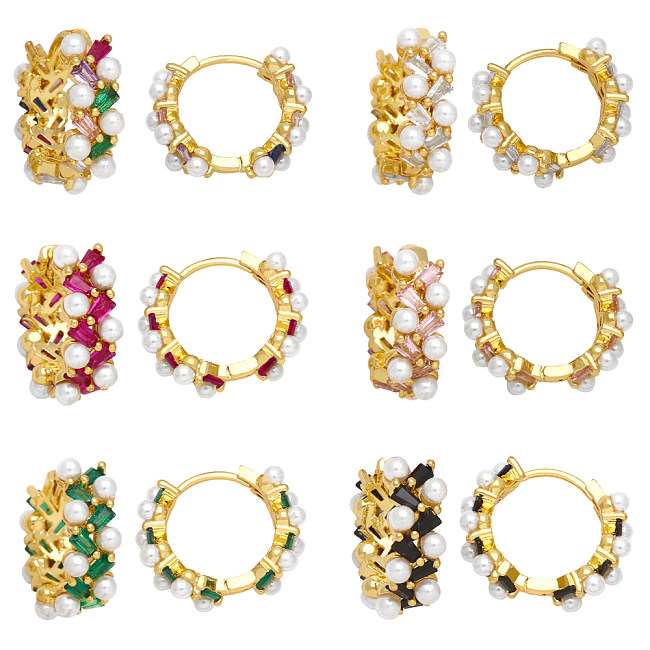 1 paire de boucles d'oreilles plaquées or 18 carats, Style Simple, cercle irrégulier, incrustation de perles en cuivre et Zircon