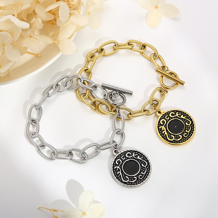 European And American Stainless Steel Gold Round Necklace Bracelet Design Fashion OT Buckle Clavicle Chain Set