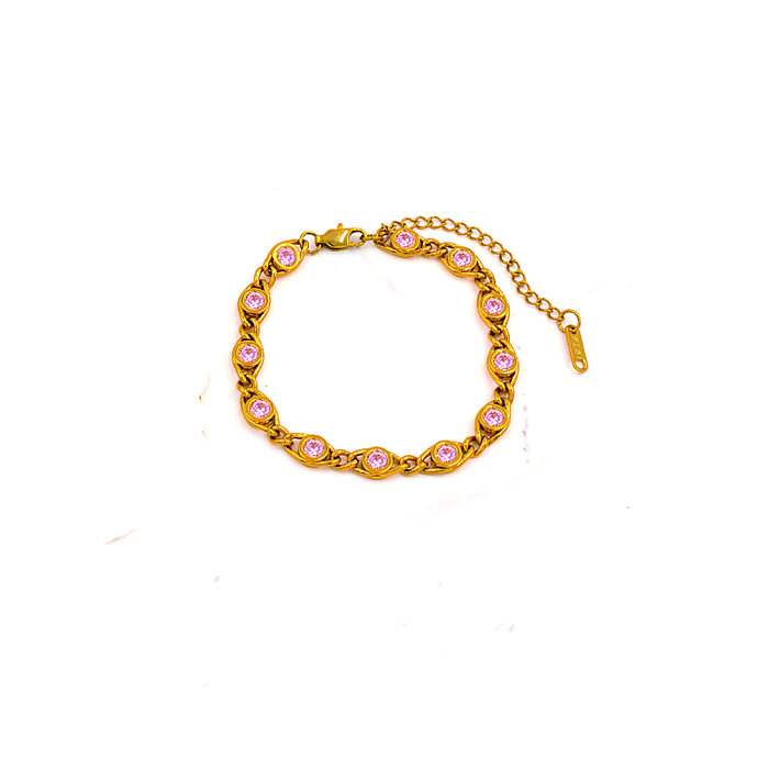 Schlichter Stil, glänzend, rund, Edelstahl-Beschichtung, Intarsien, Zirkon, 18 Karat vergoldet, Armband-Halskette