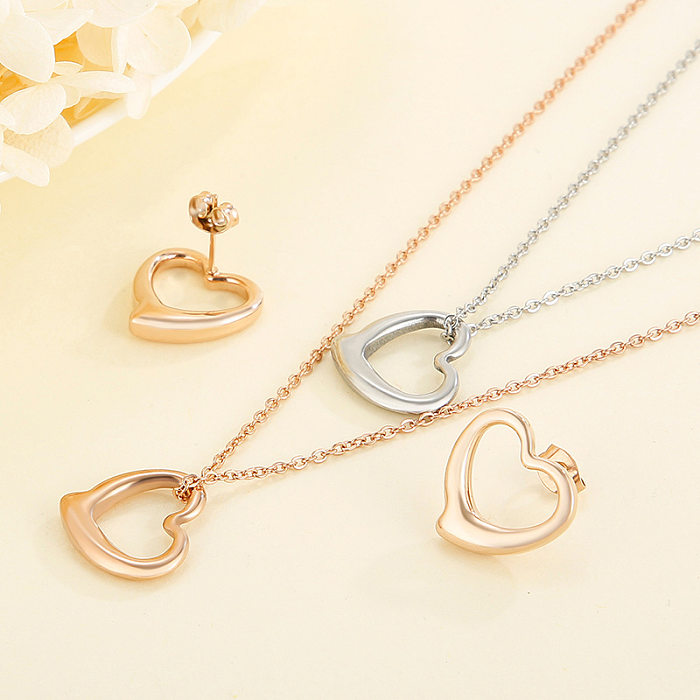 Simple Hollow Heart-shaped Double-layer Necklace Earrings Stainless Steel Set Wholesale jewelry