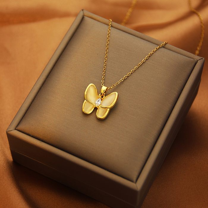 Casual Vacation Insect Butterfly Titanium Steel Copper Plating Inlay Shell Zircon Pendant Necklace
