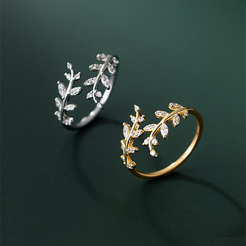 Fashion Leaf Copper Gold Plated Rhinestones Open Ring