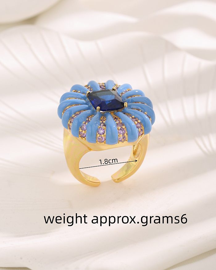 Estilo vintage estilo francês quadrado oval cobre esmaltado embutido zircão anéis abertos banhados a ouro 18K