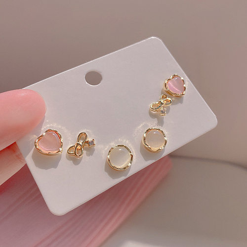 3 Pairs Sweet Round Heart Shape Butterfly Copper Plating Inlay Opal Ear Studs