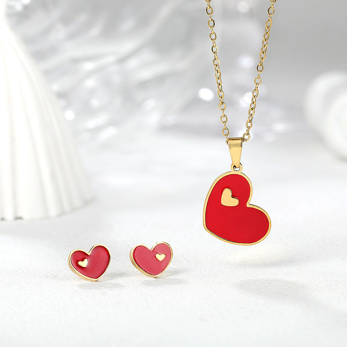 Collier de boucles d'oreilles pour femmes plaqué or 18 carats, en forme de cœur doux et romantique, en acier inoxydable et émail