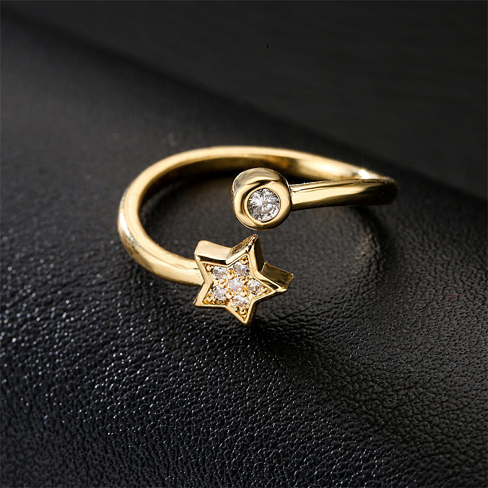 Nova joia de zircão micro-incrustada de cobre 18K banhado a ouro anel aberto estrela de cinco pontas