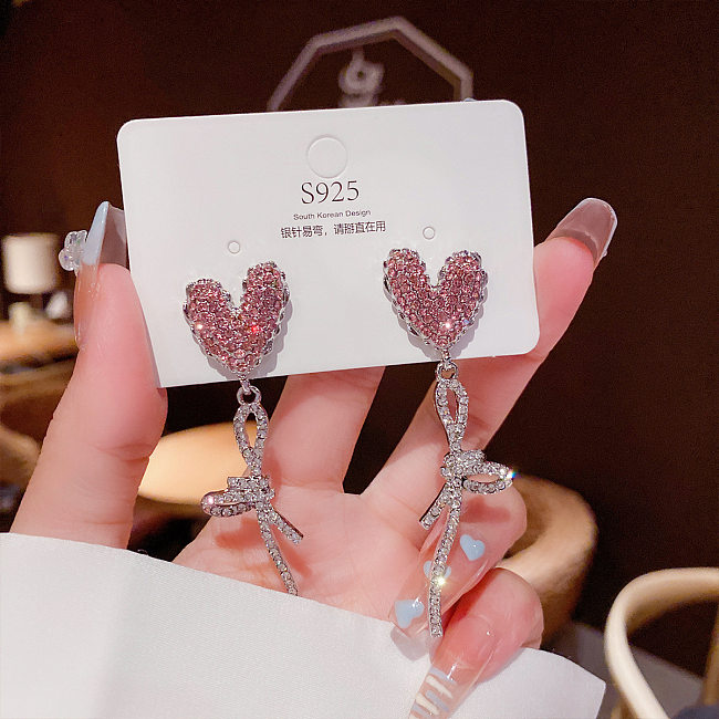 Fashion Heart Shape Bow Knot Copper Inlay Zircon Drop Earrings 1 Pair