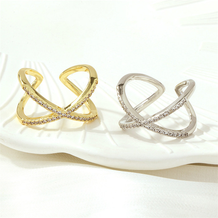 Simple Style Lines Copper Plating Inlay Zircon 18K Gold Plated Open Rings