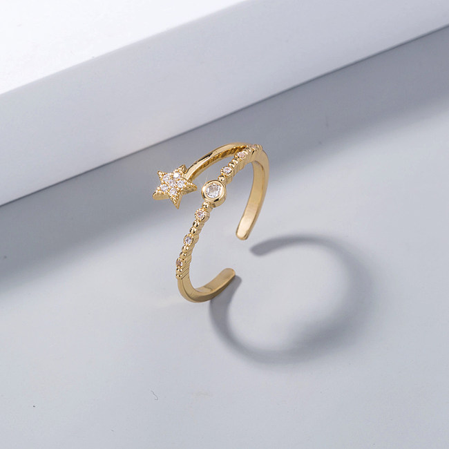 1 peça de anel aberto de zircão com pentagrama fashion de cobre