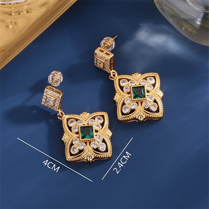 1 Pair Glam Four Leaf Clover Copper Inlay Zircon Drop Earrings