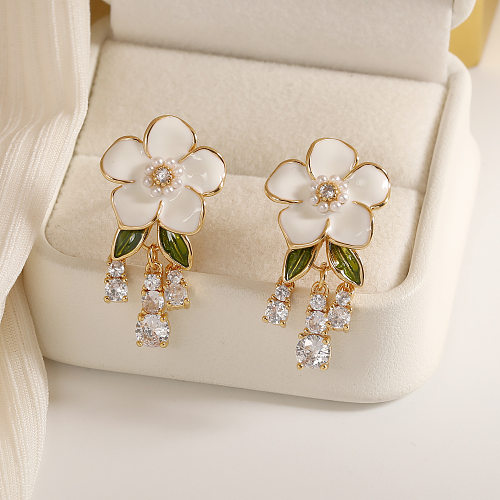 1 paire de boucles d'oreilles pendantes en cuivre et Zircon plaqué or 14 carats, Style féerique, pampilles douces, incrustation de fleurs