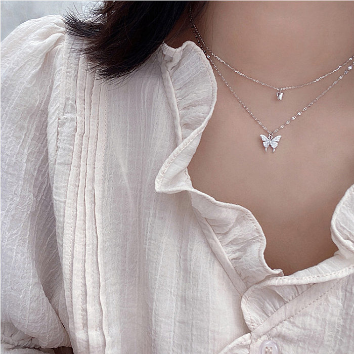 Simple Style Butterfly Copper Inlay Zircon Layered Necklaces 1 Piece