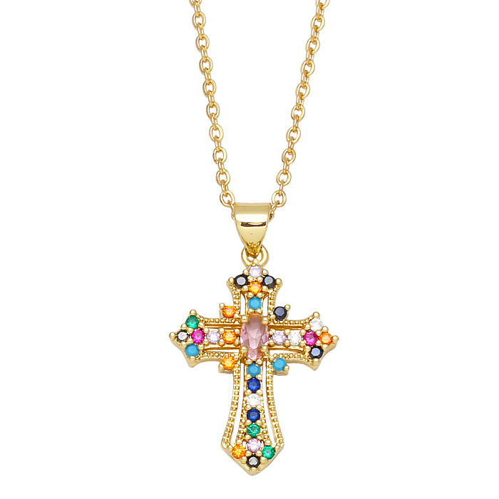 Nouveau collier pendentif croix en Zircon de couleur Micro-ensemble en cuivre vente en gros