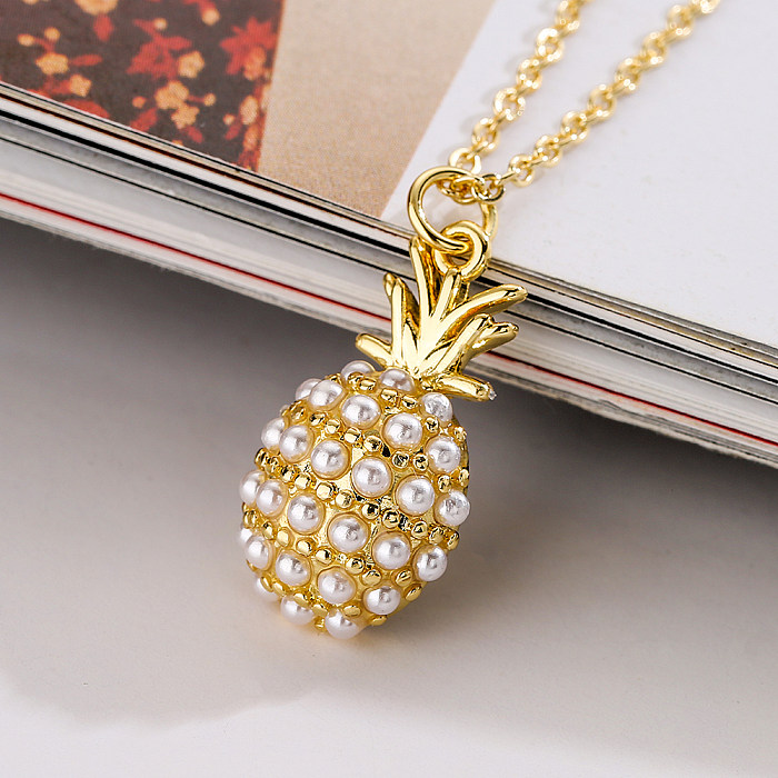1 Piece Fashion Cat Owl Pineapple Copper Plating Inlay Artificial Pearls Zircon Pendant Necklace