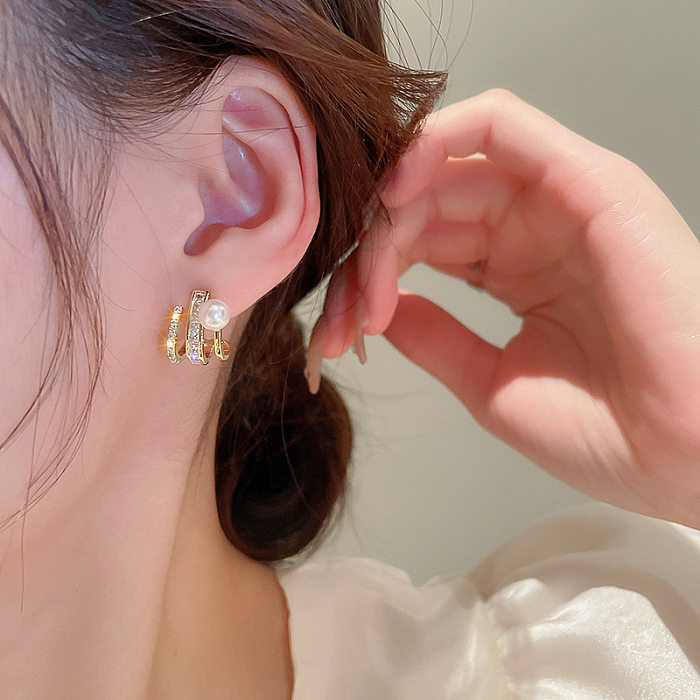 Fashion Geometric Copper Pearl Zircon Ear Studs 1 Pair