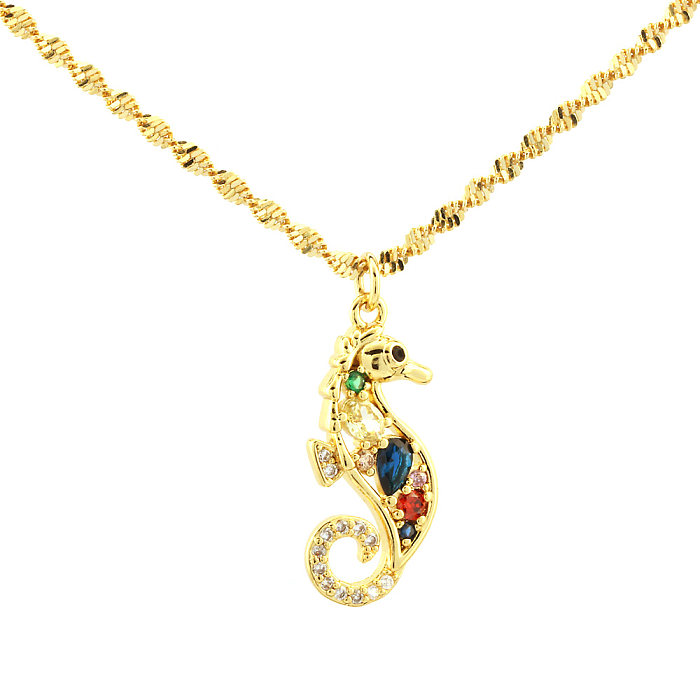 Simple Style Hippocampus Copper 18K Gold Plated Zircon Pendant Necklace In Bulk