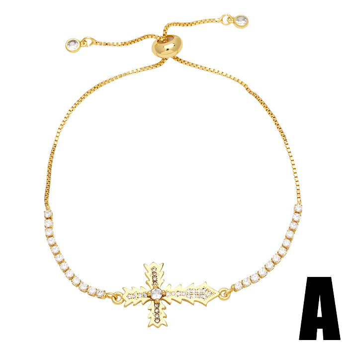 Moda estilo simples cruz chapeamento de cobre embutimento zircão 18K pulseiras banhadas a ouro