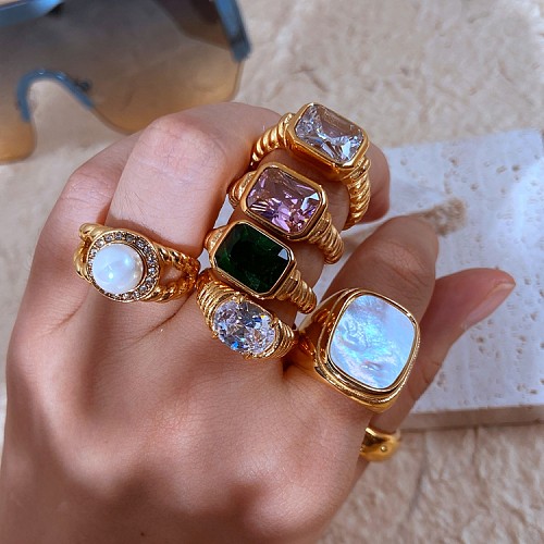 Retro Croissant Twisted Spiral Emerald Pink Zircon Stainless Steel Ring