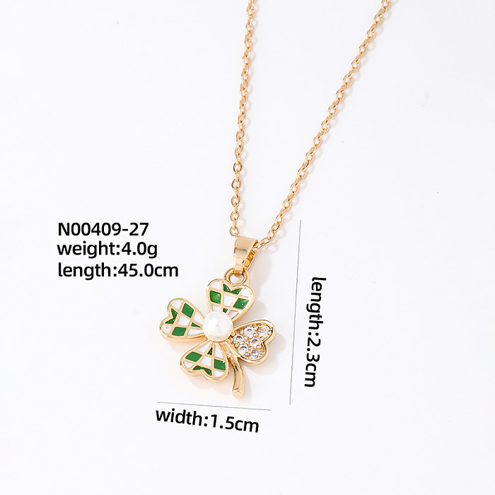 Elegant Sweet Four Leaf Clover Heart Shape Flower Stainless Steel Copper Artificial Pearls Zircon Pendant Necklace In Bulk