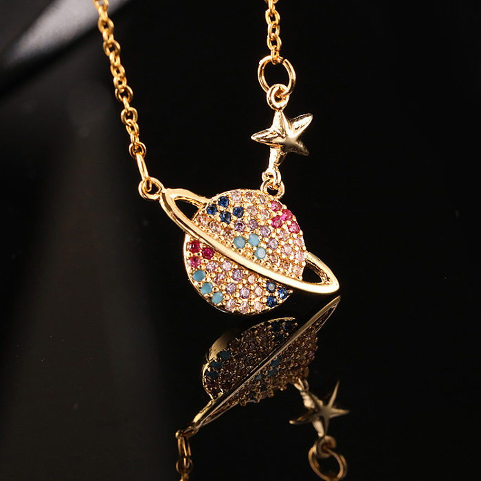 European And American Internet Hot Ins Style Planet Necklace Copper Micro Inlay Color Zircon Personality Planet Pendant Plated 18K Gold Necklace Female