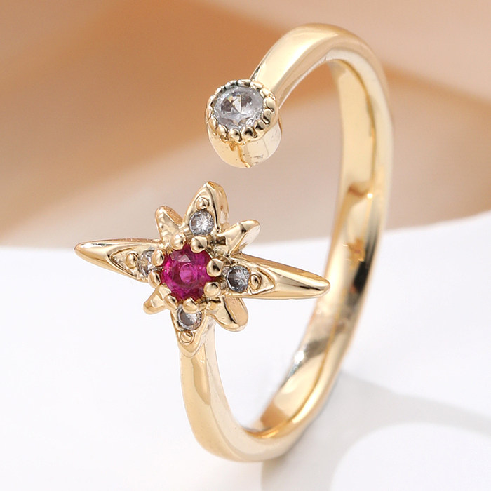 Elegant Korean Style Star Copper Inlay Zircon Open Rings