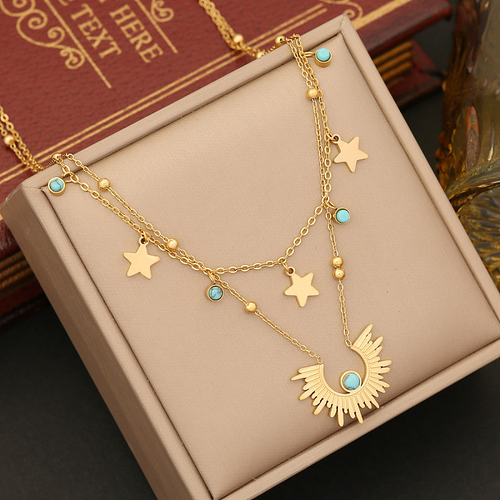 Style ethnique bohème étoile acier inoxydable couches placage incrustation Turquoise Bracelets boucles d'oreilles collier