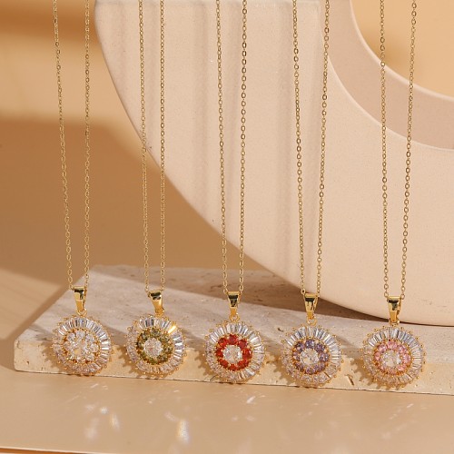 Elegant Luxurious Round Copper Plating Inlay Zircon 14K Gold Plated Pendant Necklace