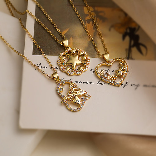 Collar con colgante chapado en oro de 18K con incrustaciones de cobre y mariposa, bloque de Color de amor, estilo Vintage, estilo Simple