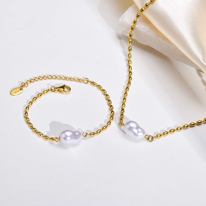 Lässige, elegante, klassische Perlen-Armband-Halskette mit 18-karätigem Goldüberzug aus Edelstahl