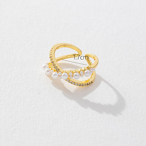 Anéis abertos de zircão de pérolas artificiais com chapeamento de cobre geométrico estilo retrô simples