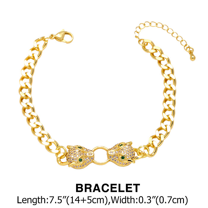 1 Piece Hip-Hop Leopard Head Copper Plating Zircon 18K Gold Plated Unisex Bracelets Necklace