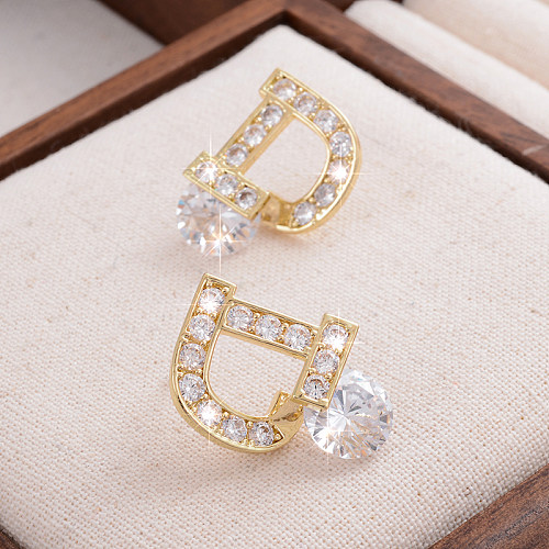1 Pair IG Style Elegant Sweet Letter Plating Inlay Copper Zircon 14K Gold Plated Ear Studs