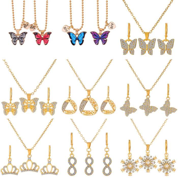 Modische Halskette in Herzform, Schmetterling, Kupfer, vergoldet, versilbert, Inlay, Zirkon, 1 Set