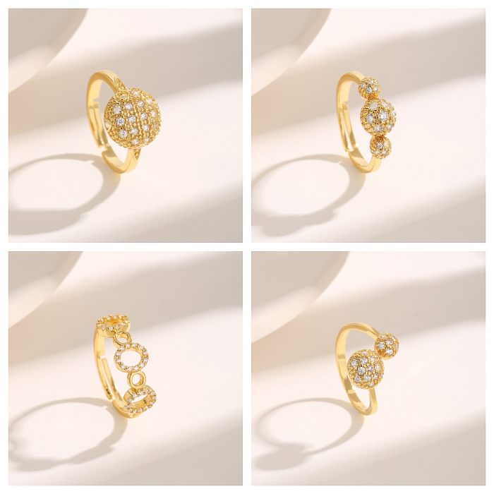 Basic Simple Style Commute Round Copper Plating Inlay Zircon 18K Gold Plated Open Rings