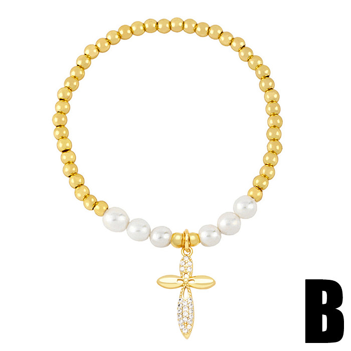 IG Style Streetwear Pentagram Cross Imitation Pearl Copper Beaded Inlay Zircon Bracelets