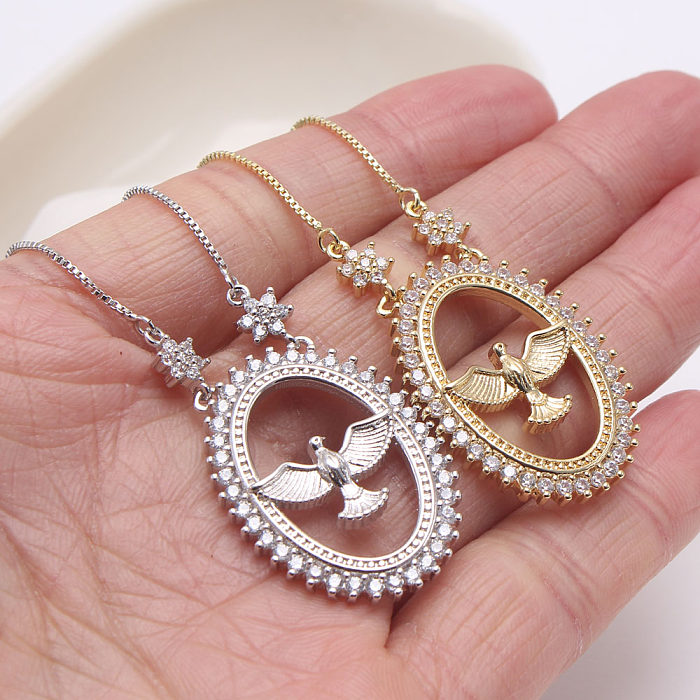 IG Style Oval Flower Eagle Copper White Gold Plated Gold Plated Zircon Pendant Necklace In Bulk