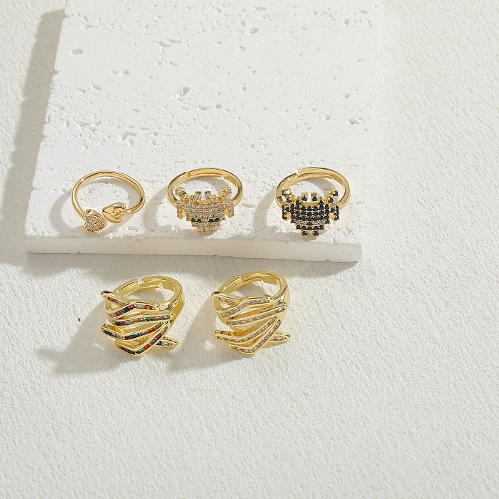Elegante estilo clássico formato de coração cobre assimétrico zircão anéis abertos banhados a ouro 14K