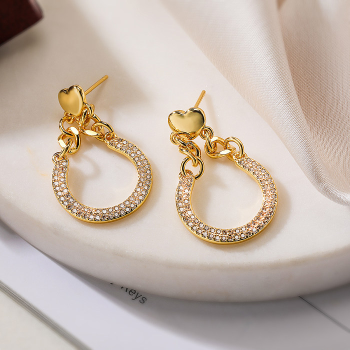1 paire de boucles d'oreilles pendantes en cuivre et Zircon plaqué or 18 carats, Style Simple, incrustation de placage géométrique