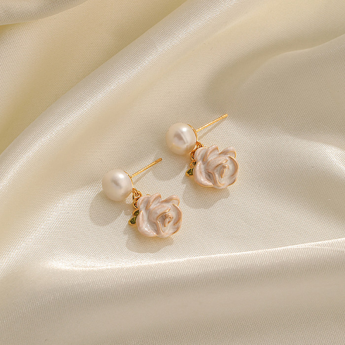 1 Pair Retro Sweet Flower Painted Enamel Plating Imitation Pearl Copper 18K Gold Plated Drop Earrings