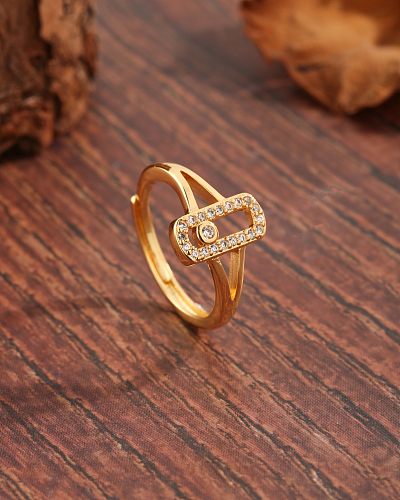 Glam estilo simples comutar retângulo redondo chapeamento de cobre oco incrustação de zircão 18K anéis abertos banhados a ouro