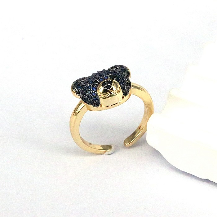 Offene Ringe im IG-Stil mit süßem Bären-Kupfer-Inlay, Zirkon, vergoldet