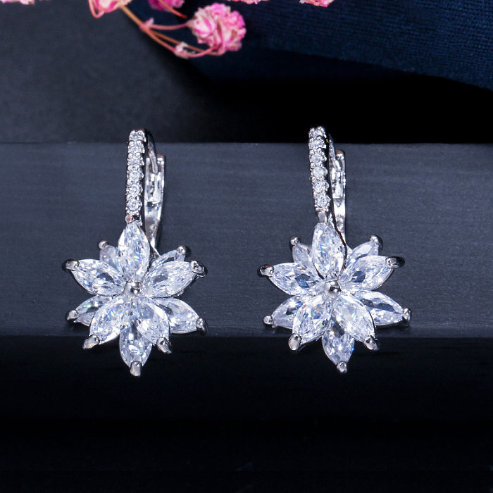 1 Pair Elegant Lady Flower Inlay Copper Zircon Drop Earrings
