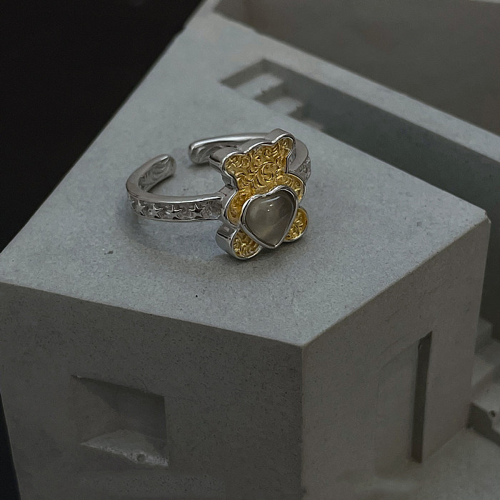 Wholesale Cute Animal Bear Stainless Steel Inlay Artificial Gemstones Open Rings