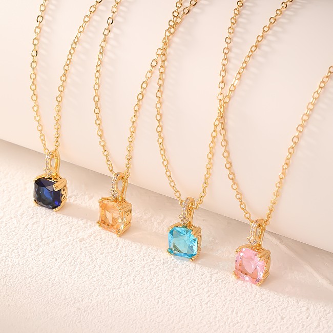 Sweet Square Copper Plating Inlay Zircon Gold Plated Pendant Necklace
