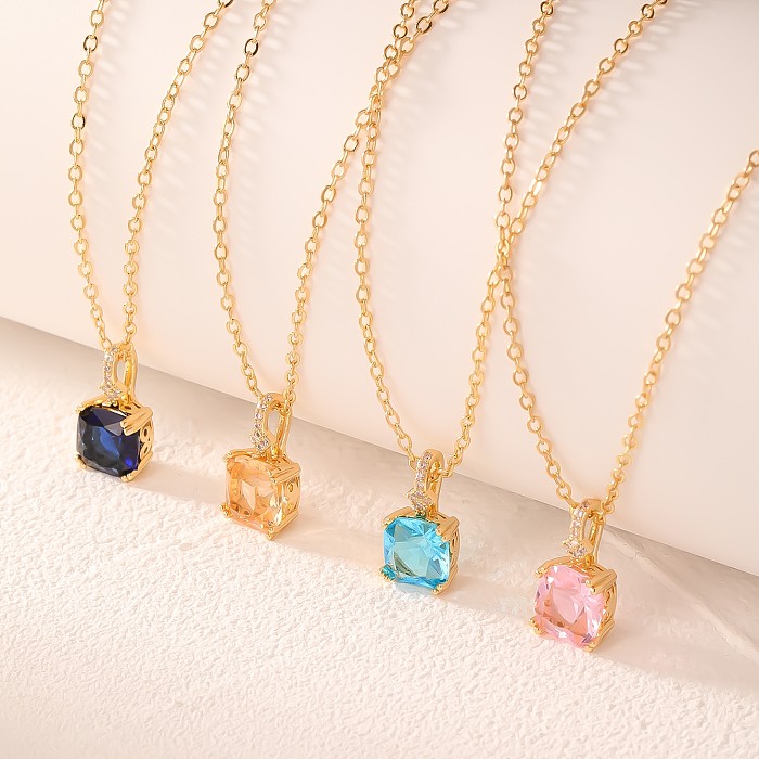 Sweet Square Copper Plating Inlay Zircon Gold Plated Pendant Necklace