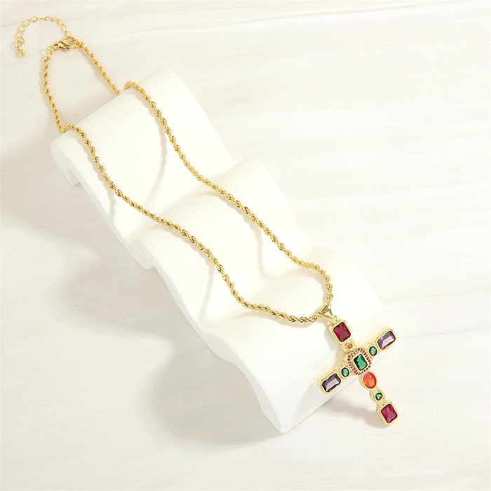 Hip-Hop Simple Style Cross Copper Plating Inlay Zircon 18K Gold Plated Pendant Necklace