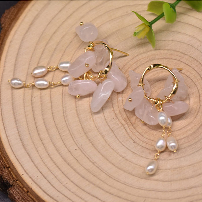 1 Pair Casual Flower Plating Inlay Freshwater Pearl Copper Zircon 18K Gold Plated Drop Earrings