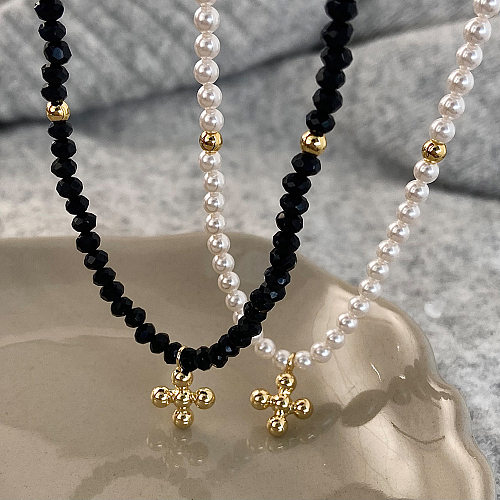 Lässige Halskette mit Anhänger, Kreuz, künstlicher Kristall, künstliche Perle, Kupferperlenbeschichtung